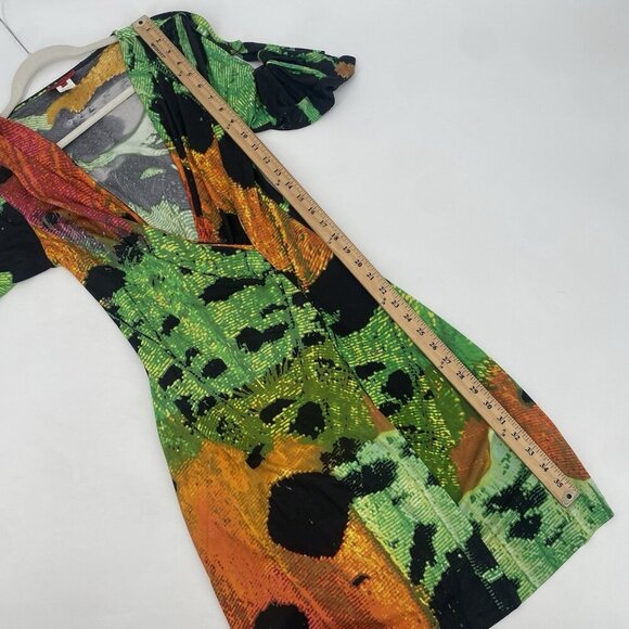 VIVIENNE TAM Size Large Green Abstract Splatter Print 100% Silk Faux Wrap Dress - Picture 8 of 10